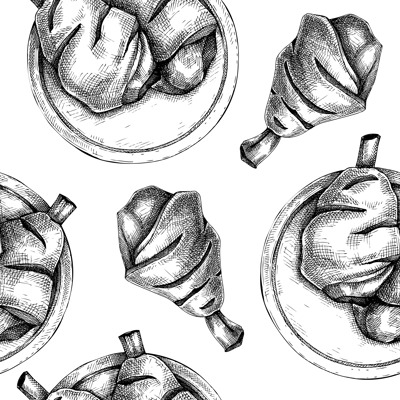 Ham hock seamless patter. German food sketch. Oktoberfest background. Hand drawn fast food illustration for Octoberfest. Traditional German meat dishes backdrop. Pork knuckle in engraved style